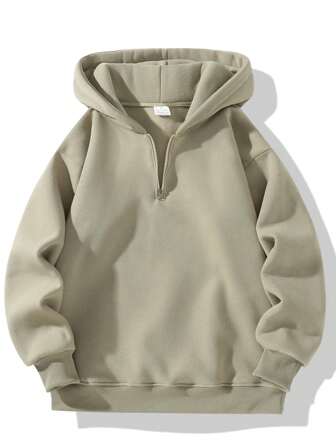 Men's Plain Color Half-Zip Pullover Hoodie Sweatshirt, Couple Style Fleece Hoodies