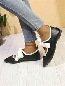 大码女式尖头一脚蹬芭蕾平底鞋，带蝴蝶结装饰，黑色 - 黑色 - 查看 2