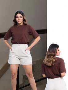 Kit With 3 T-Shirts Basic Loose Blouse Normal Loose High Neck Women's Soft Premium Cotton Gym Set Style - 棕色 - 查看 4