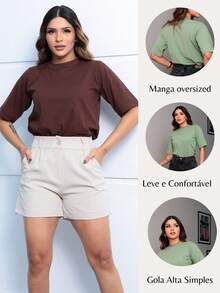 Kit With 3 T-Shirts Basic Loose Blouse Normal Loose High Neck Women's Soft Premium Cotton Gym Set Style - 棕色 - 查看 9
