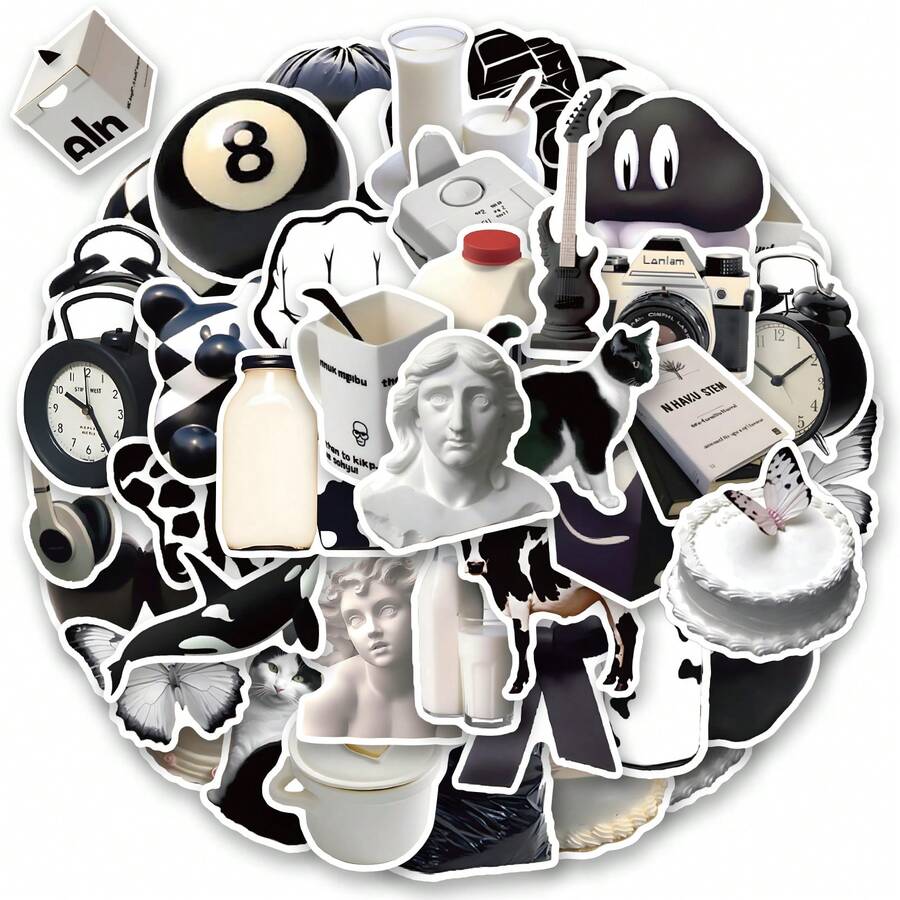 50 张黑色美学贴纸乙烯基美学贴纸适用于剪贴簿、日记、笔记本电脑、保险杠、滑板、水瓶、电脑、手机、卡通、安全帽、汽车贴纸和贴花 - 彩色 - 查看 1