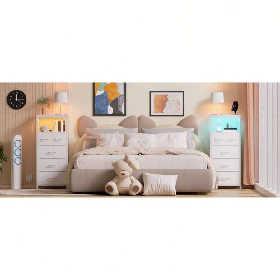 Stylish Vertical Storage Tower Wood Shelf Included. Tall LED Dresser