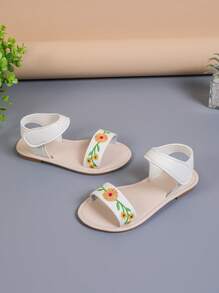 1 Pair Plus Size Girls Flat Sandals With Embroidered Floral, Strap Hook And Loop Design, Round Toe, Light And Non-Slip, Cute Roman Style, Suitable For 3-16 Years Old Girls, For Casual, Vacation, Summer