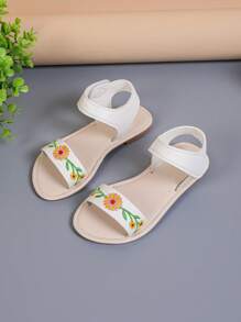 1 Pair Plus Size Girls Flat Sandals With Embroidered Floral, Strap Hook And Loop Design, Round Toe, Light And Non-Slip, Cute Roman Style, Suitable For 3-16 Years Old Girls, For Casual, Vacation, Summer