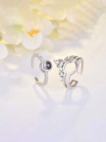 2pcs Lady Women Two In One Rings Crown Engagement Ring Inlaid Zirconia Bridal Wedding Band Ladies Exquisite Jewelry - Silver - View 4