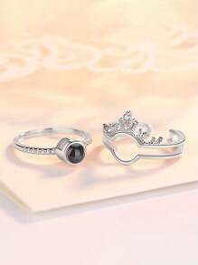 2pcs Lady Women Two In One Rings Crown Engagement Ring Inlaid Zirconia Bridal Wedding Band Ladies Exquisite Jewelry - Silver - View 6