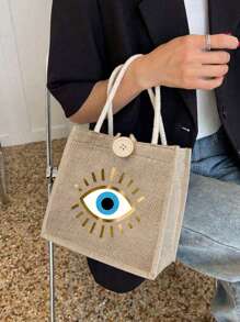 Túi vải lanh 'Chic Evil Eye' - Túi xách nhẹ, có khóa, sức chứa lớn, túi mua sắm và đựng đồ có thể gấp lại, có khóa an toàn, túi quà tặng ngày lễ, quà tặng tốt nghiệp, quà tặng sinh nhật bạn bè, lựa chọn hoàn hảo cho chuyến du lịch nghỉ dưỡng - quà tặng Ngày nhà giáo hoàn hảo, lý tưởng cho y tá, bác sĩ và các bà mẹ - Màu Khaki - Xem 2