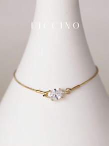 FICCINO 经典单颗椭圆形方晶锆石手链，钛钢镀金蛇链可调节尺寸，优雅闪亮的百搭设计，情侣/好友礼物，周年纪念圣诞节假期 - 1450b - 查看 1