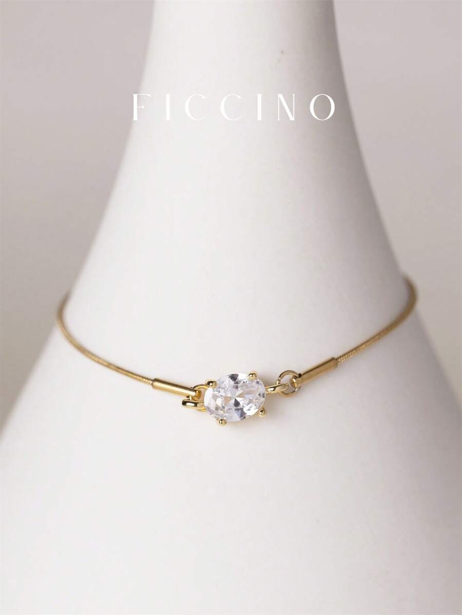 FICCINO 经典单颗椭圆形方晶锆石手链，钛钢镀金蛇链可调节尺寸，优雅闪亮的百搭设计，情侣/好友礼物，周年纪念圣诞节假期 - 1450b - 查看 1