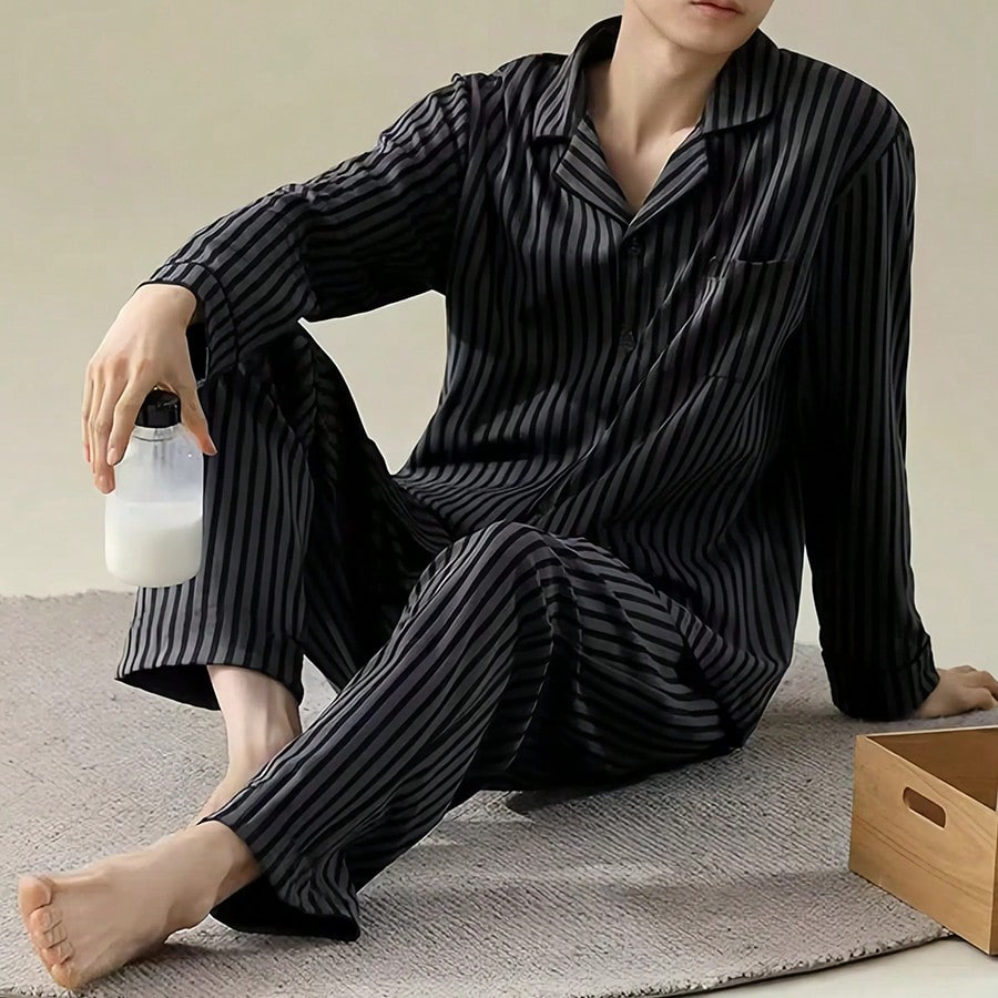 Piezas Conjunto de pijama de talla grande para hombres con camisa de manga larga a rayas y pantalones, ropa casual de alta calidad para el hogar en pr