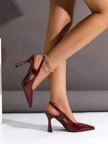 Women Pointed Toe Stylish Patent Leather Ankle Strap Pumps - Burgundy - View 6