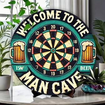 Welcome Sign For Man Cave - 8x8 Inch Round Iron Beer And Darts Metal Art, Durable Wall Decor For Home, Office, Bar, Cafe - Ideal IndoorOutdoor Gift