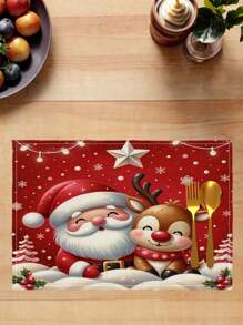 Set de 4 manteles individuales con temas navideños, hechos de lino tejido con patrones de Papá Noel y renos, resistentes al calor, cuadrados, lavables a máquina, adecuados para la decoración festiva de restaurantes - Burdeos - Ver 3