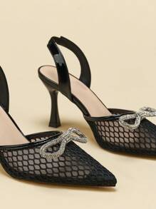 Women Pointed Toe Stiletto Rhinestone Cutout Hollow Out Evening Party Commute High Heels - Black - View 4