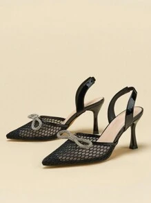 Women Pointed Toe Stiletto Rhinestone Cutout Hollow Out Evening Party Commute High Heels - Black - View 2
