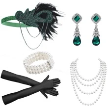 7 件 1920 年代风格女士优雅性感情人节配饰套装 - 头带、珍珠项链、手镯、手套、适合单身派对、化妆舞会的高端复古装饰 - 黑色 - 查看 3