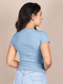Women's Ribbed Blouse Basic Casual T-Shirt Round Neck Short Sleeve Premium - Celeste - Ver 2
