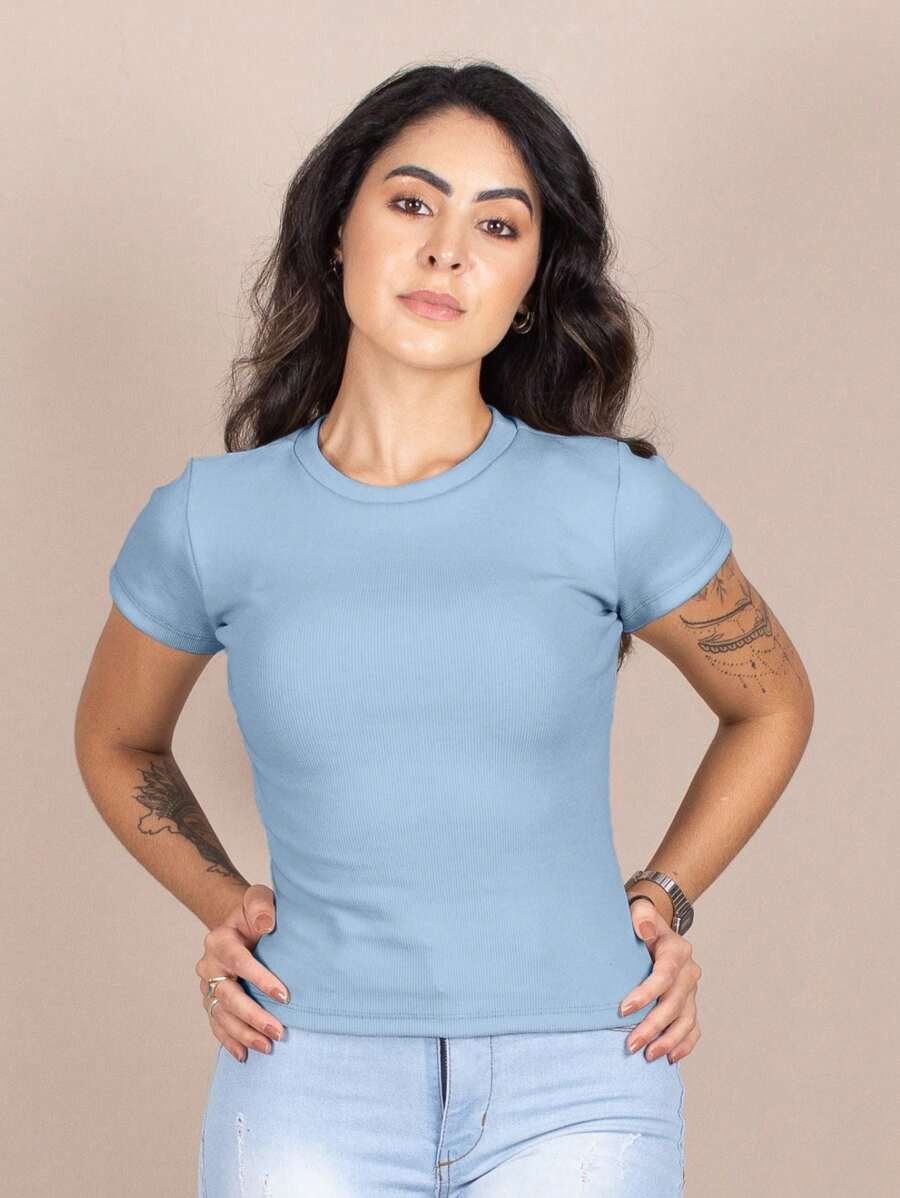 Women's Ribbed Blouse Basic Casual T-Shirt Round Neck Short Sleeve Premium - Celeste - Ver 1
