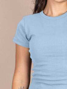 Women's Ribbed Blouse Basic Casual T-Shirt Round Neck Short Sleeve Premium - Celeste - Ver 3
