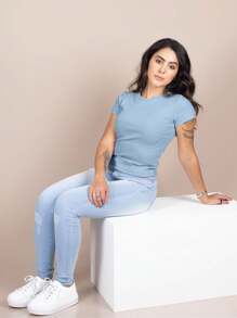 Women's Ribbed Blouse Basic Casual T-Shirt Round Neck Short Sleeve Premium - Celeste - Ver 4