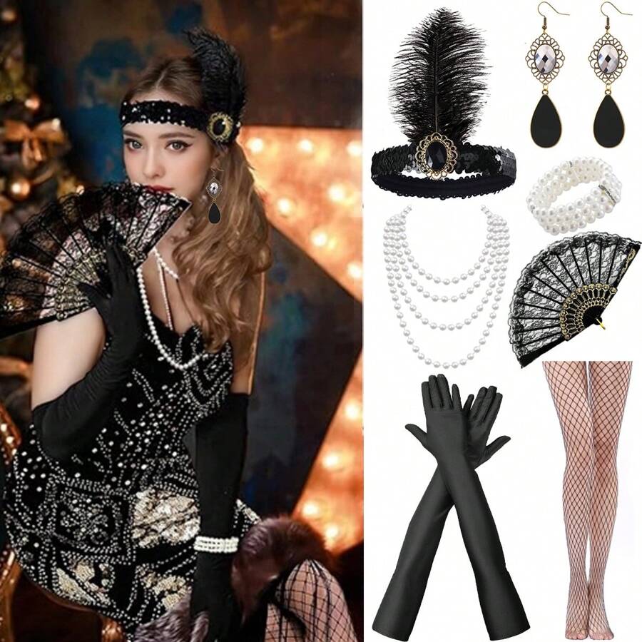 9pcs 1920s Elegant & Sexy Women Fashion Accessories Vintage Style Headband, Pearl Necklace, Gloves, Fishnet Stockings, Lace Hand Fan, Finger Decorations, Perfect For Costume Party - Black - View 1