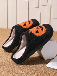 In-Stock Halloween Men's Cute Cartoon Pumpkin Slippers, Warm Couples Slippers - Black - View 2