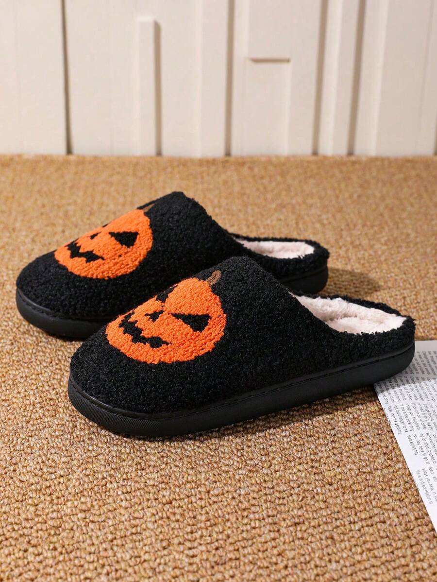 In-Stock Halloween Men's Cute Cartoon Pumpkin Slippers, Warm Couples Slippers - Black - View 1