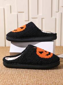 In-Stock Halloween Men's Cute Cartoon Pumpkin Slippers, Warm Couples Slippers - Black - View 3