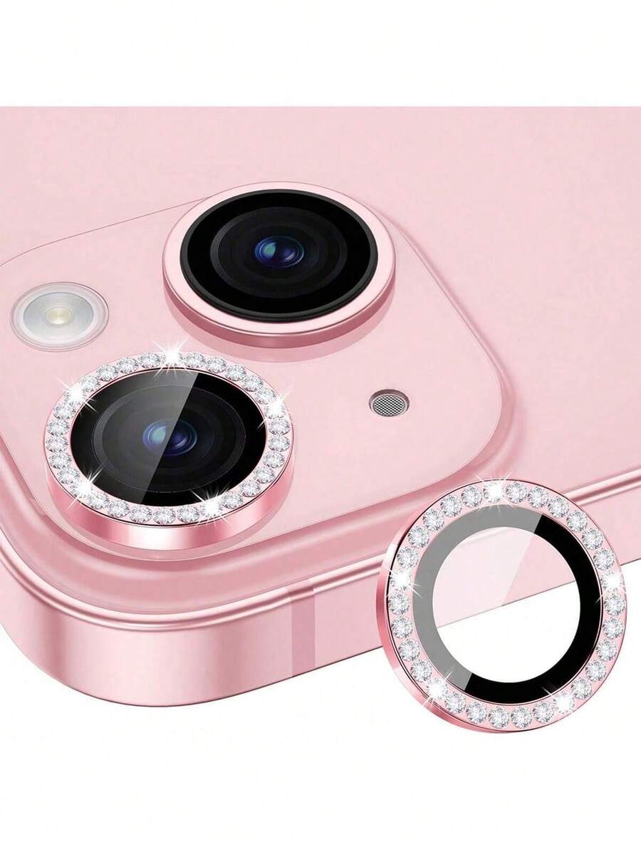 兼容 iPhone 15/15 Plus 相机镜头保护膜，9H 硬度防刮保护膜，带 1 颗金属钻石，时尚配饰，用户友好型外壳（粉红钻石） - 粉色 - 查看 1