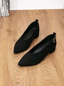 女士纯黑色低跟鞋，尖头粗跟带扣平底鞋，百搭休闲户外黑色鞋 - 黑色 - 查看 6