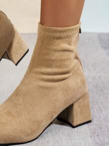 Fall/Winter 2025 Women One-Push Zipper Square Toe Suede Thick Heel Ankle Boots, Apricot Short Boots, Casual, Combat, Western Style, Classic Ankle Boots,Fashion Match Black Skirt - Apricot - View 7