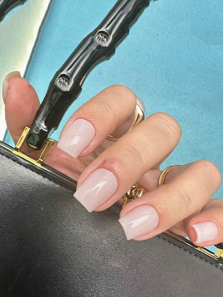 24片简约短方形粉白亮片指甲片+1片果冻胶+1摩擦条适合女性日常指甲装饰 - 彩色 - 查看 1