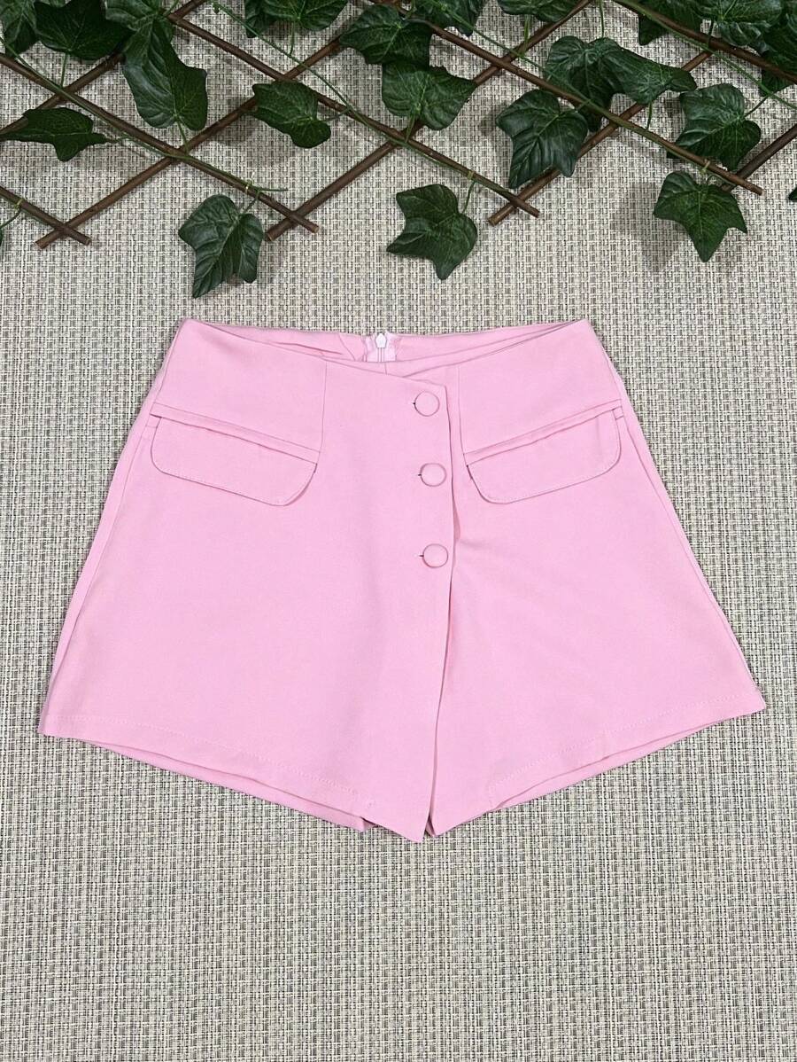 Tailored Short Skirt With Fake Bag And Buttons - 淺粉色 - 查看 1