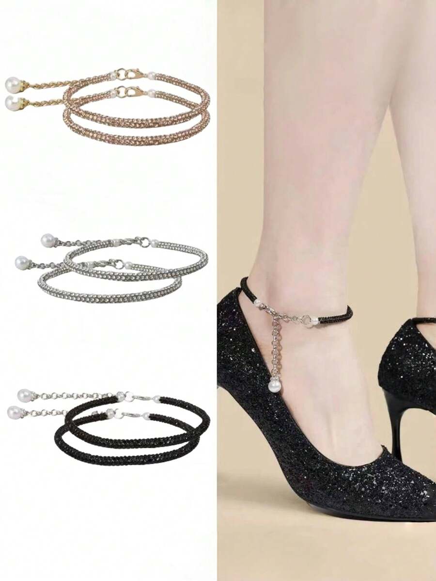 1双高跟鞋防滑鞋带，镶钻弹力带防滑链，可调节鞋带，踝部固定弹力鞋带配件 - 彩色 - 查看 1