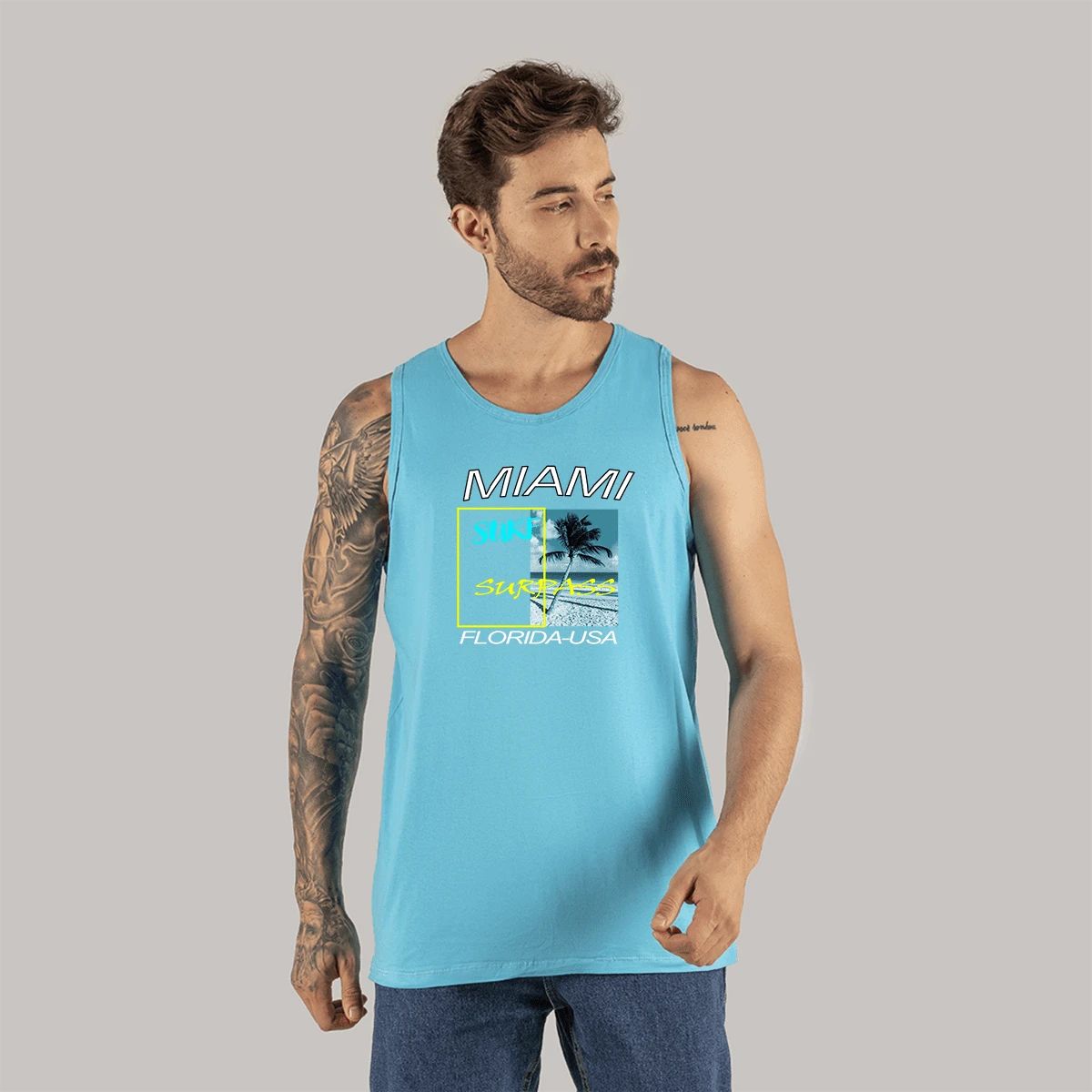 Miami Ski T-Shirt Printed Cotton Tank Top For Gym Various Colors - 淺藍色 - 查看 1
