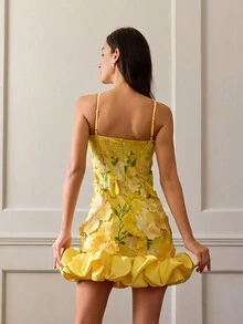 女士优雅精致贴花刺绣吊带裙，面料拼接，露背，情人节装，适合春夏季，派对礼服，舞会礼服 - 黃色 - 查看 2