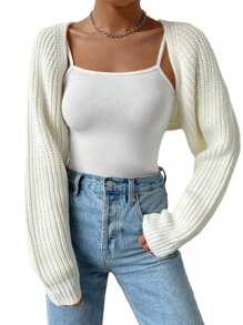 Women's Open Front Cropped Cardigan Long Sleeve Solid Color Ribbed Knit Shrug Sweater Bolero Tops
