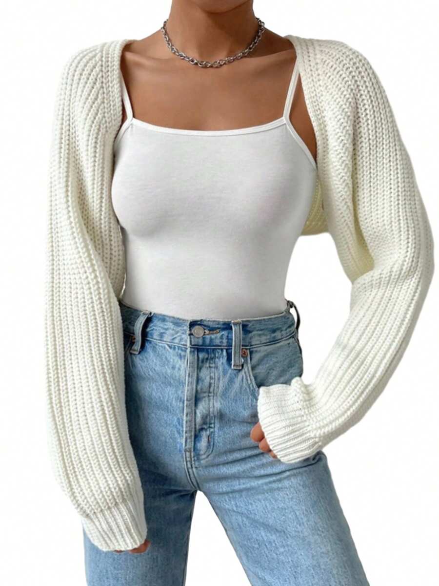 Women's Open Front Cropped Cardigan Long Sleeve Solid Color Ribbed Knit Shrug Sweater Bolero Tops
