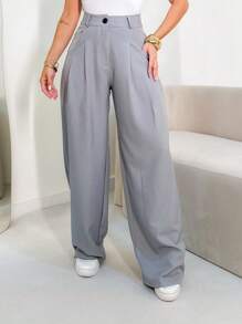 Louis Marrant Women's Wide Leg Pants With One Button, Open Zipper And Front Pocket - 中灰色 - 查看 1
