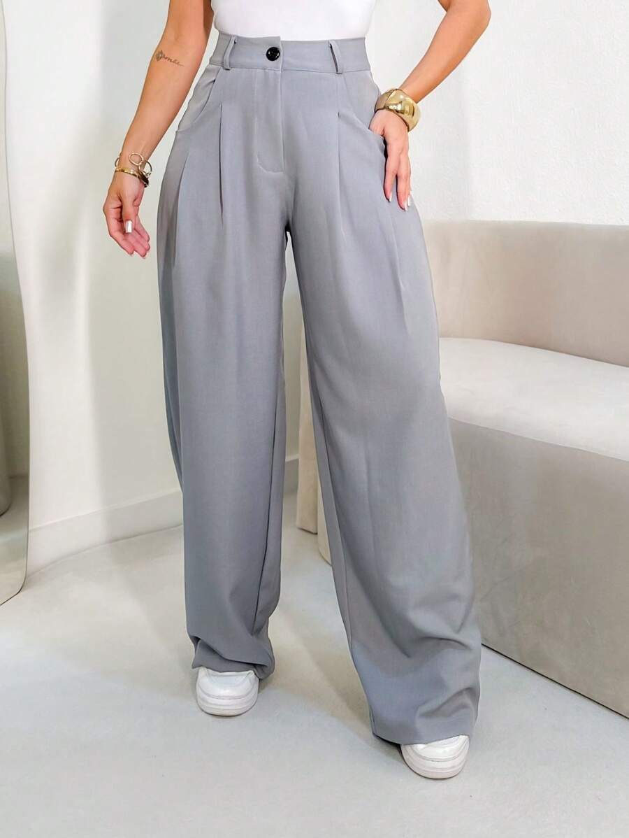 Louis Marrant Women's Wide Leg Pants With One Button, Open Zipper And Front Pocket - 中灰色 - 查看 1