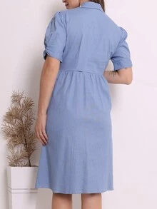 Casual Linen Short Sleeve Dress - Màu xanh lam - Xem 2