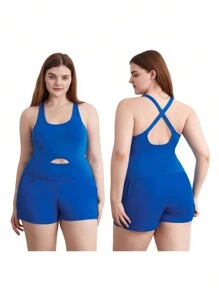 Women Solid Color Cami Playsuits Sleeveless Sports Short Jumpsuits Summer Cross Backless Romper Tracksuits - Blue - View 10