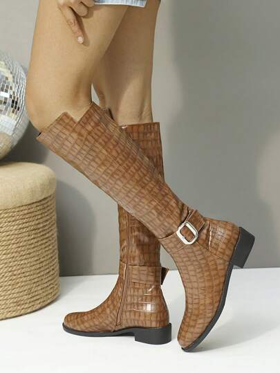 Fashionable Women Mid-Calf Boots, Camel-Colored Boots With Metal Buckle Decor, Side Zipper, Versatile High Boots, Round Toe Chunky Heel Long Boots, Comfortable Winter Boots For Ladies