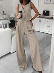 欧美商务职业无袖纽扣背心和西装裤优雅装 - 米色 - 查看 3