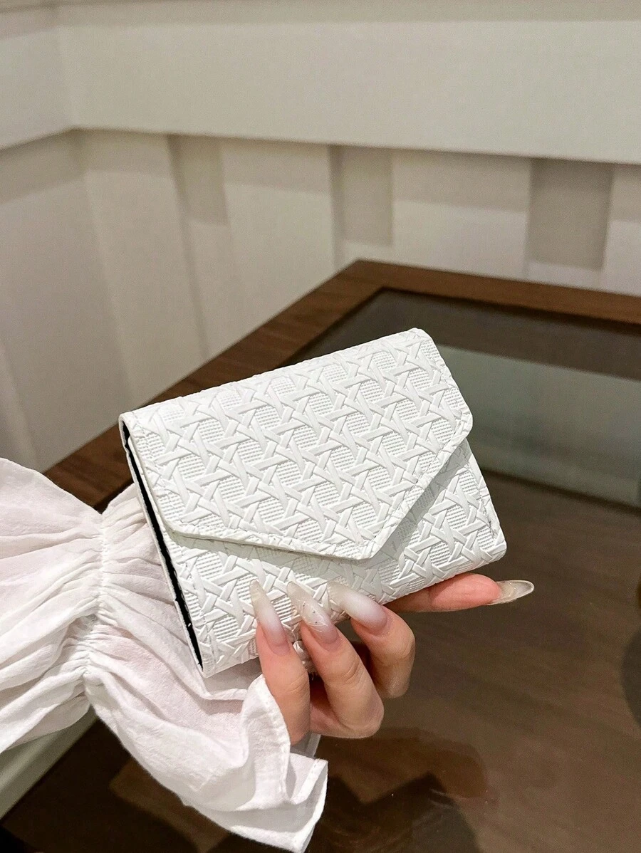 1 件编织 PU 皮革紧凑型双折钱包时尚女士日常使用和生日圣诞节礼物感恩节礼物 - 白色 - 查看 1