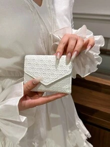 1 件编织 PU 皮革紧凑型双折钱包时尚女士日常使用和生日圣诞节礼物感恩节礼物 - 白色 - 查看 5