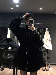 2025 秋冬新款女款水貂毛绒仿皮草外套，立领短款收腰羊毛保暖夹克 - 黑色 - 查看 5