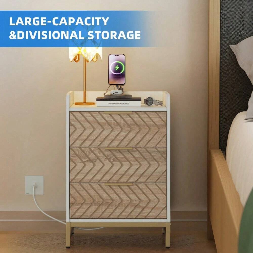 Side Table With 3 Drawers. Modern Bedside End Table Nightstand For
