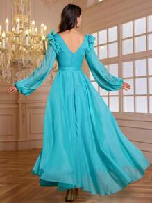 Vestido de noche elegante y formal para mujer con escote en V, adornos de volantes, mangas farol plisadas, unicolor, adecuado para primavera y verano (diseño con aplicaciones) - Verde - Ver 2