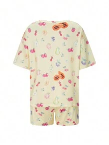 Conjunto de pijama de 2 piezas para mujer con parte superior de manga corta y pantalones cortos con estampado floral/de frutas - Amarillo - Ver 2
